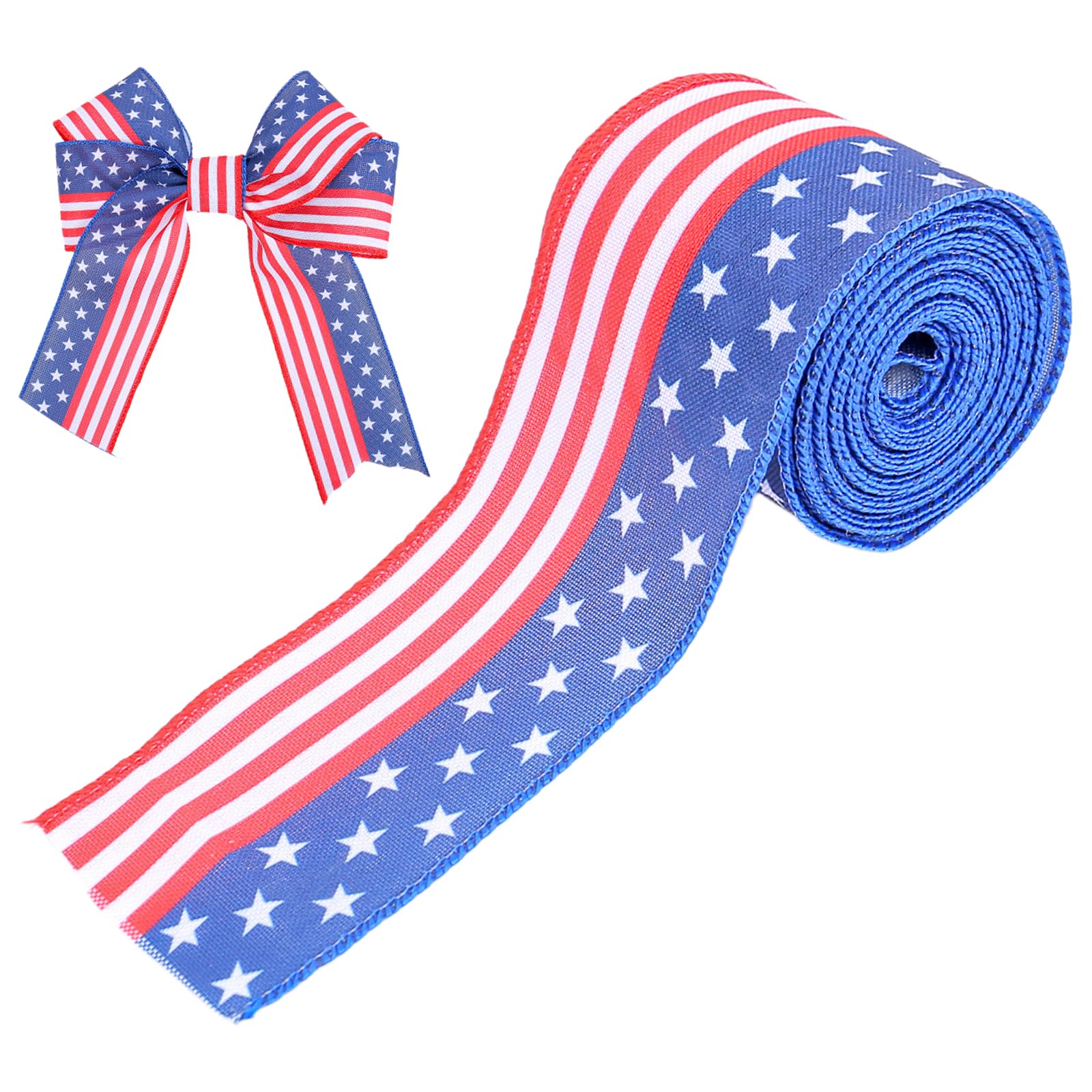 Kalttoy Patriotics Wire Ribbons 2.5inch 4th of Julys Burlap Ribbons for Big Bows, Wreath Outdoor Decorations White Blue Patriotics Wire
