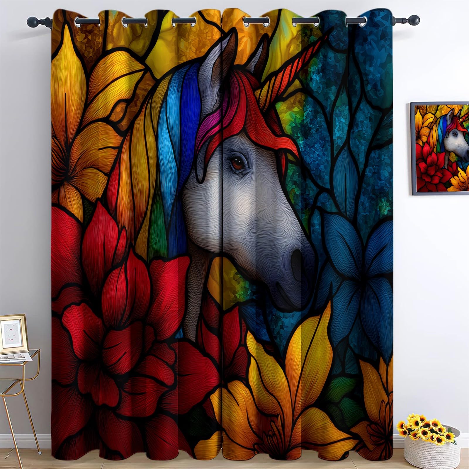 Rideau Occultant 3D Impression Salon 140 x 175 cm Fenêtre En Verre À Licorne Abstraite Thermique Anti Froid Polyester Décoration Chambre Rideau Isolant Phonique pour Chambre, 2 Panneaux, Couleur