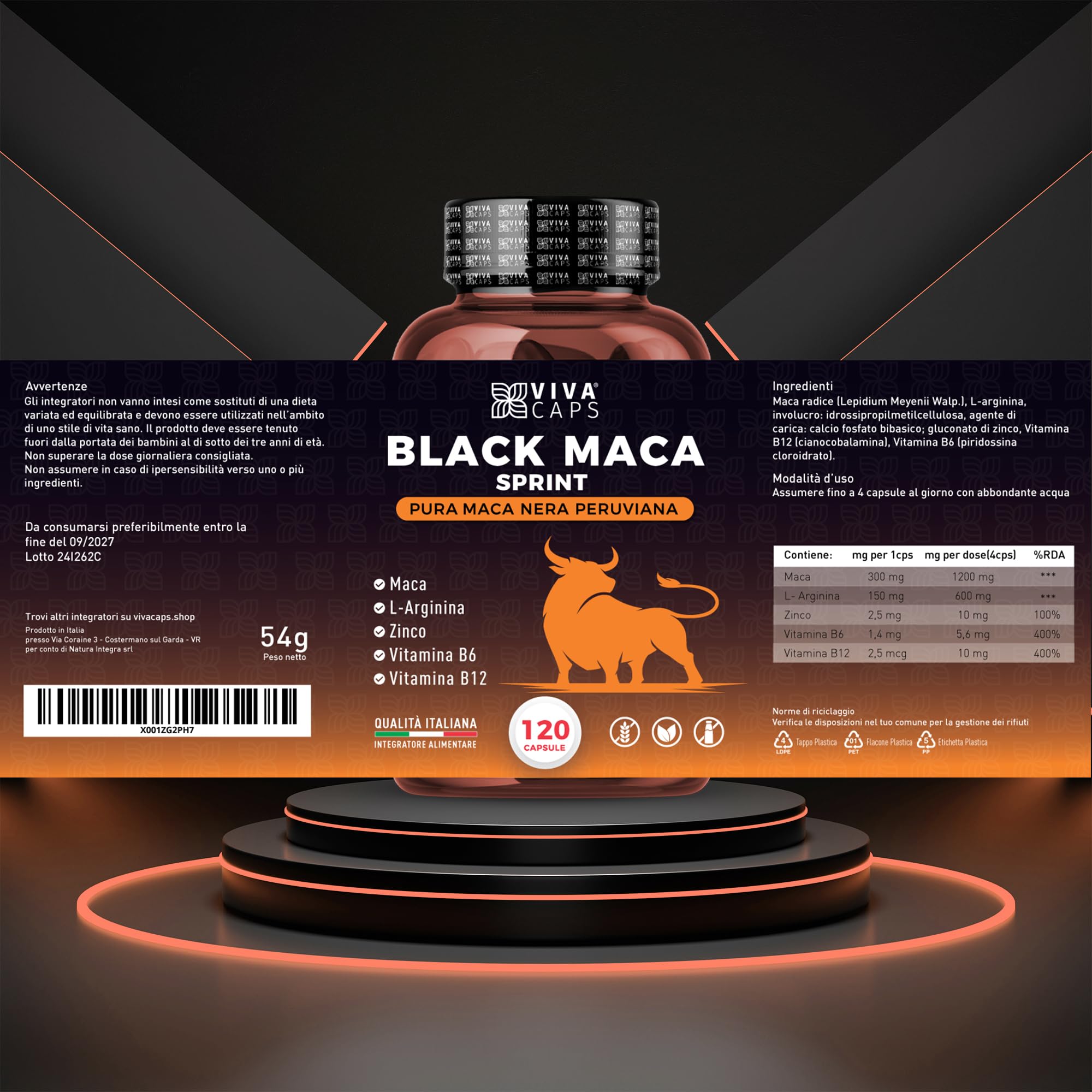 Maca peruviana 24000 mg al giorno estratto 20:1 120 Cps, Black maca con L-Arginina, Zinco, Vitamina B6 e B12 per energia e supporto per la massa muscolare - Made in italy
