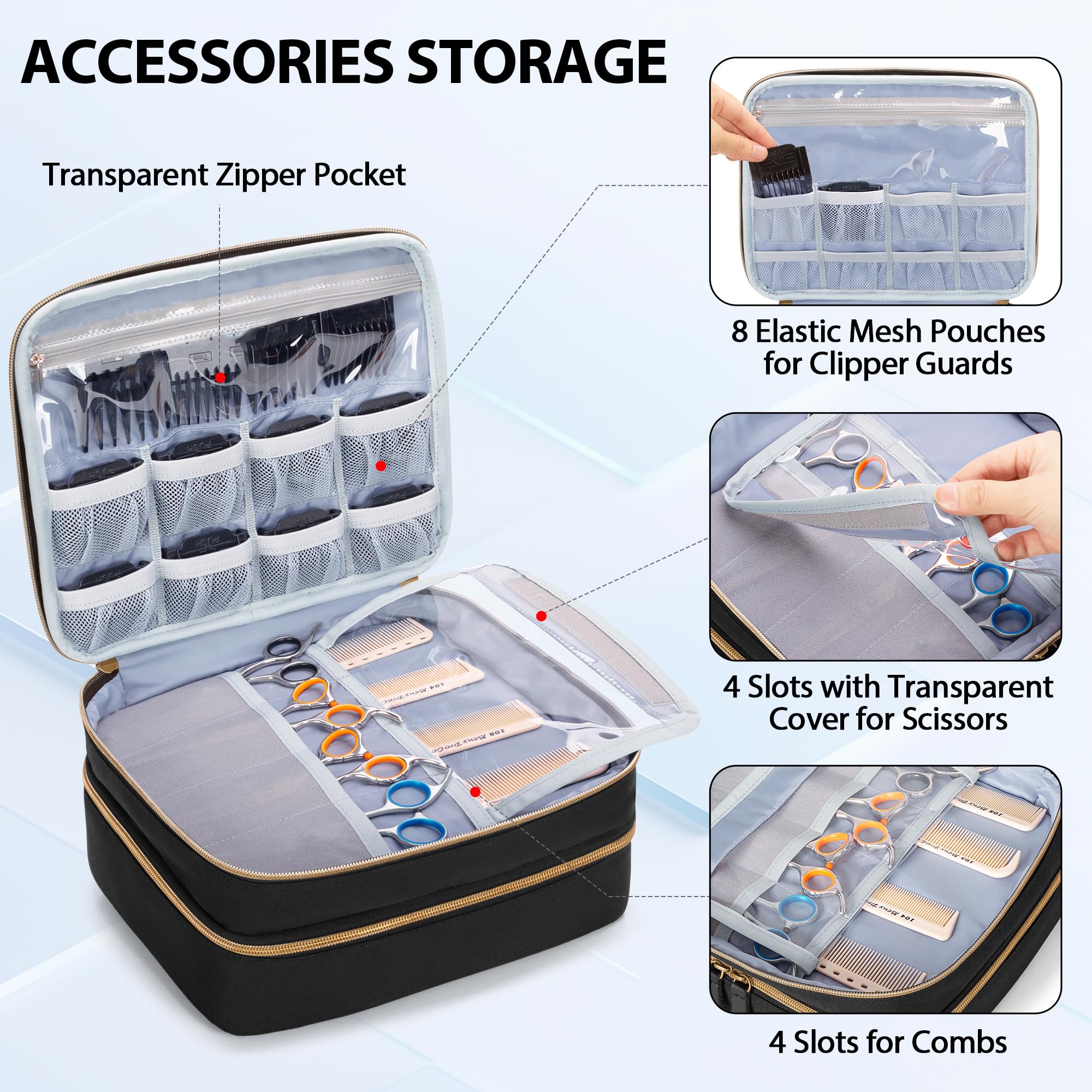 CURMIO Sac Double Couche pour Tondeuse à Cheveux, Étui de Transport Compatible avec SUPRENT, Hatteker, Wahl, GLAKER et la Plupart des Tondeuse Standard et Accessoires de Coiffure, Noir