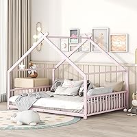 Vista 14 de Cama de plataforma de metal con forma de casa con listones de metal sólido, cama de casa de tamaño individual con diseño de techo, marco de cama