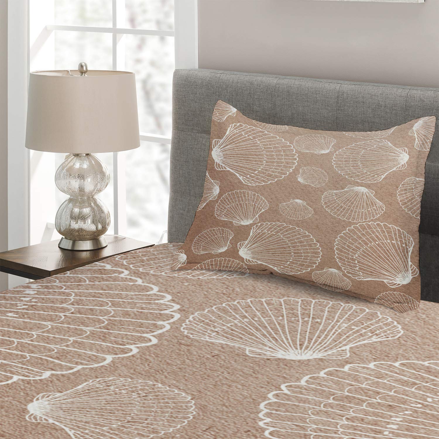 Ambesonne Seashell Coverlet, Nautical Themed Illustration with Outline Seashells on Rough Background, 2 Piece Decorative Quilted Bedspread Set with 1 Pillow Sham, Twin Size, Pale Brown White