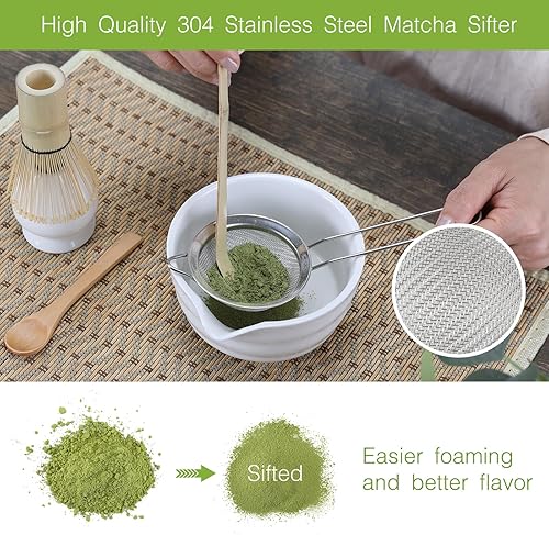 Miniatura 6 de Juego de batidor de matcha, juego de 6 piezas con cuchara de matcha de bambú y tamiz de acero inoxidablecuenco de cerámica con boquilla de