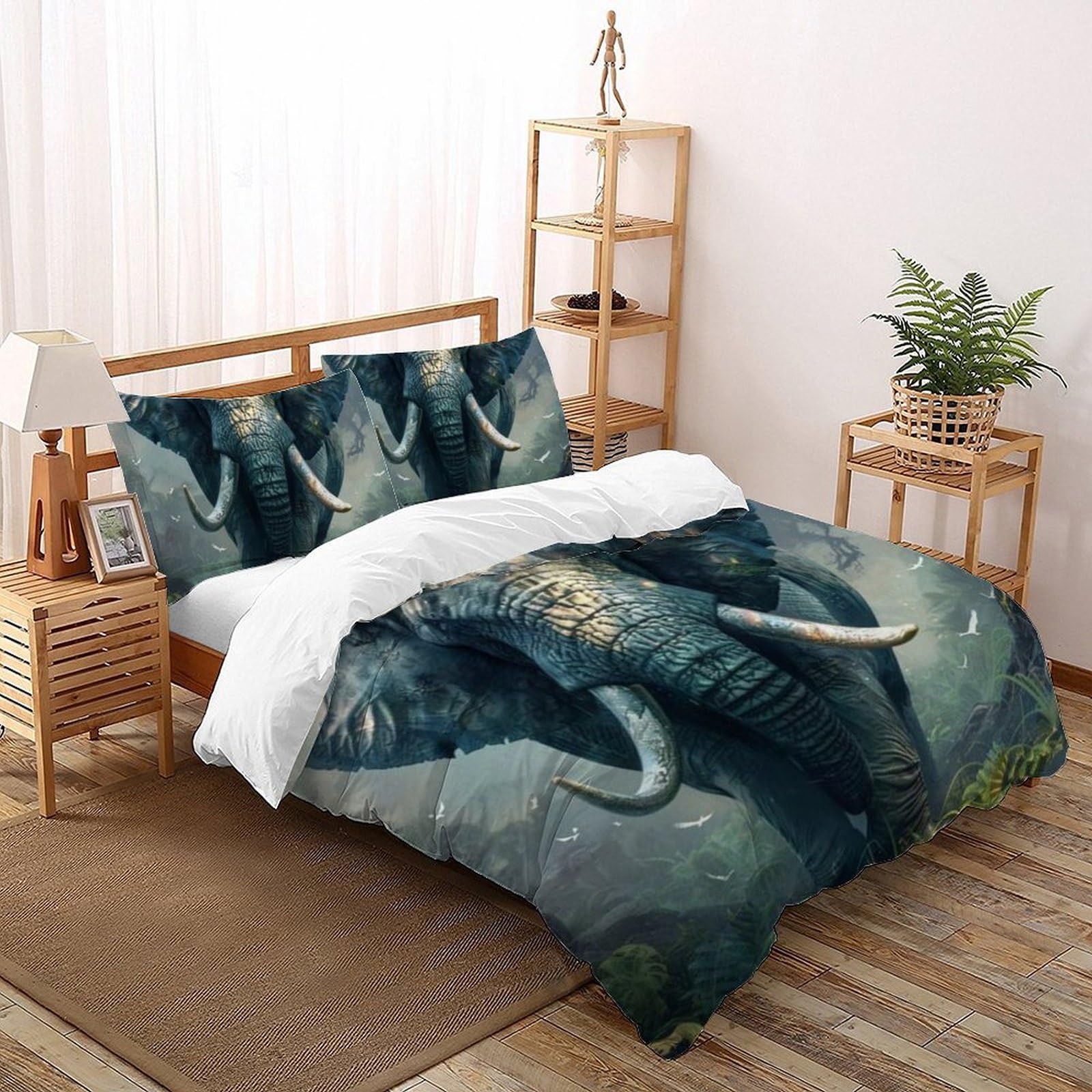 Parure de lit éléphants imprimé 3D avec housse de couette microfibre 200x200cm et taies