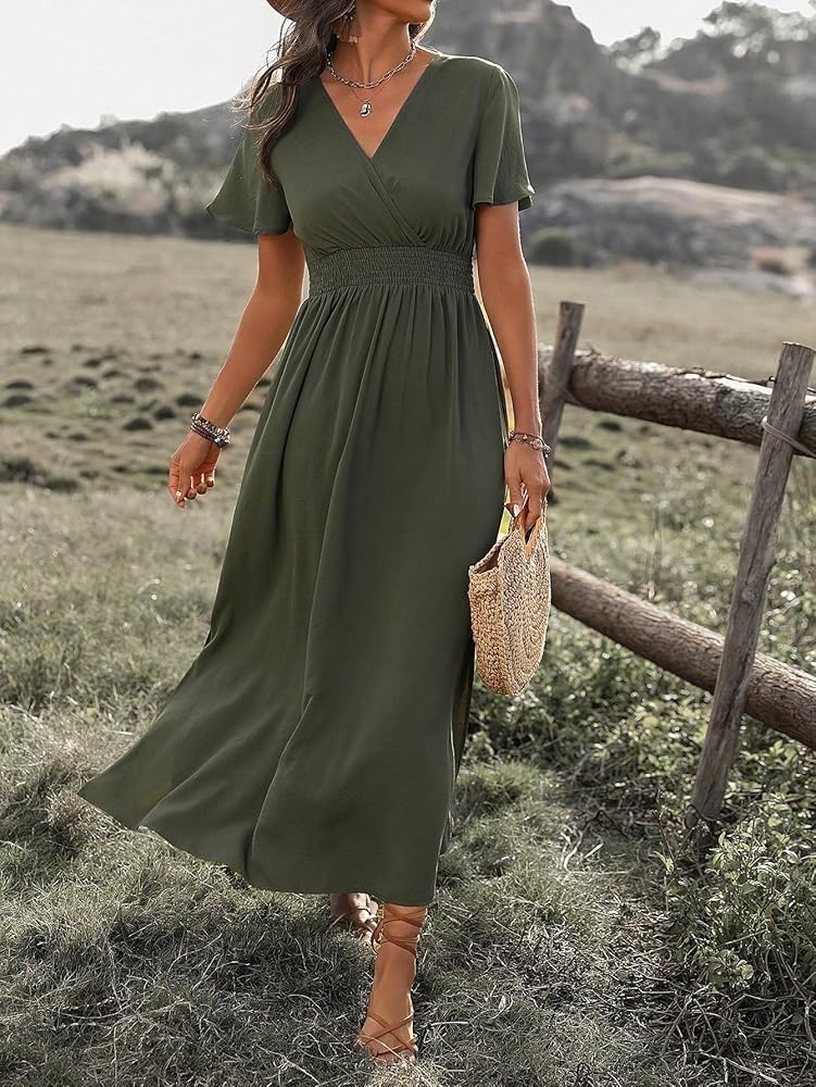 LXXWMxBH Women 2024 Summer Short Sleeve Dress Solid Color