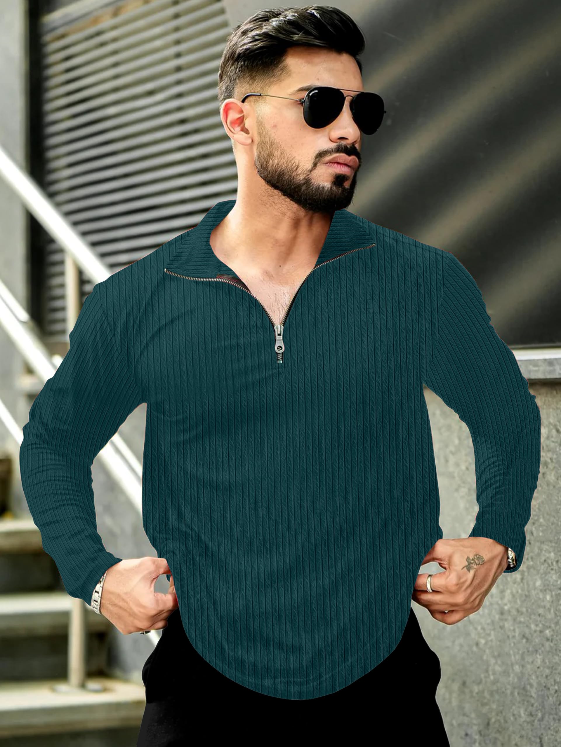 KAJARU Men's Quarter Zip Pullover T-Shirt, Cable Knit Pattern, Full Sleeve (in, Alpha, M, MOREPINCH) - Image 6 thumbnail