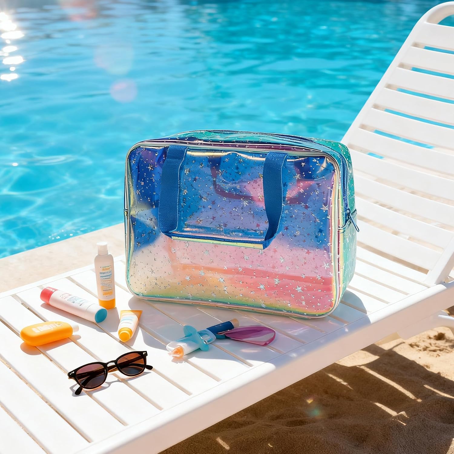 Holographic Blue Clear Star Large Cosmetic Bag and TPU Travel Pouch with Handle,Durable Material,Zipper Design-Ideal for Makeup,Travel Essentials (Holographic Blue+Star) image 4