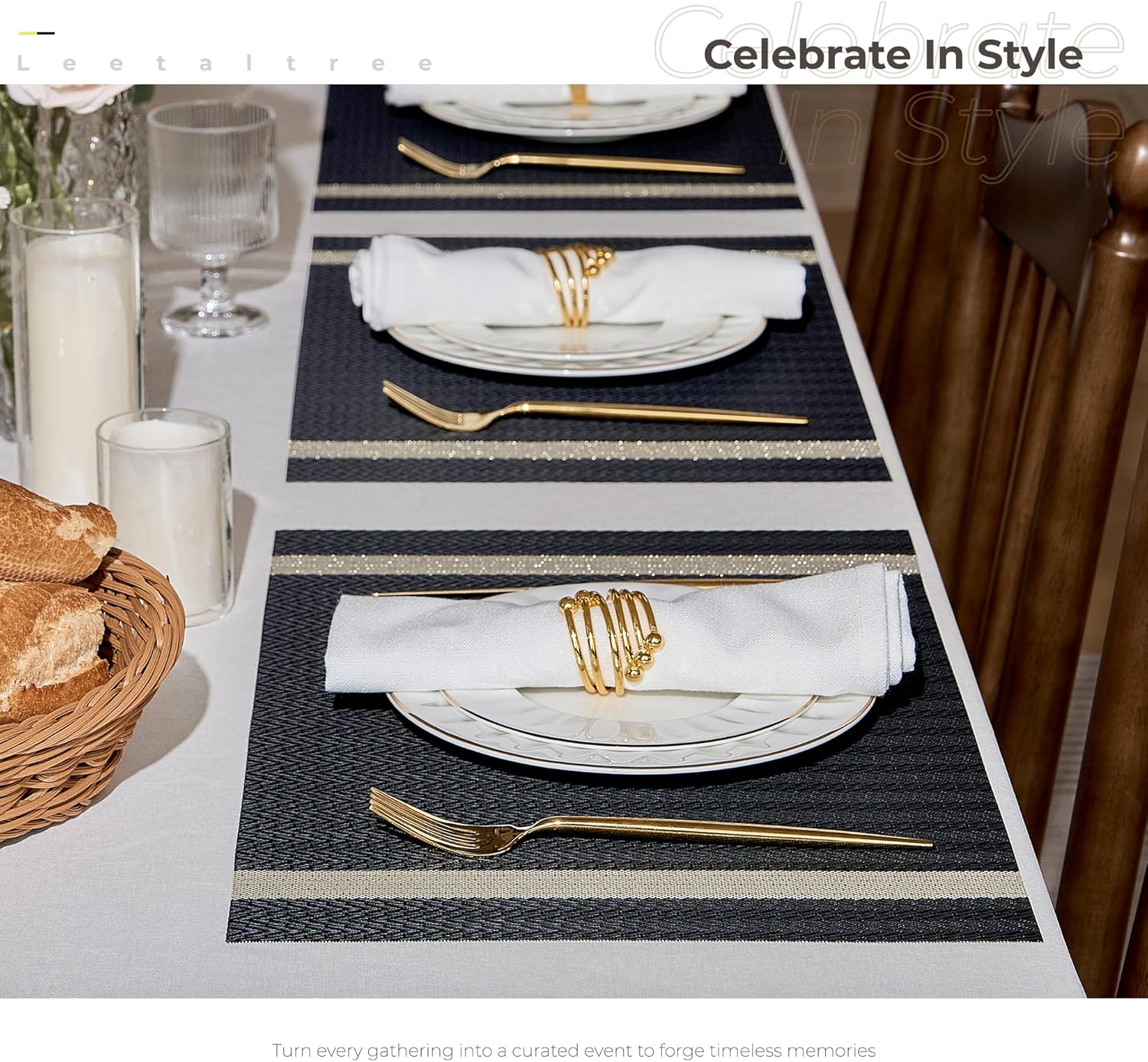 Leetaltree Sparkling Black Vinyl Woven Placemats Set of 12 - Washable Dining Table Place Mats Striped, Suitable for Wedding, Anniversary, Daily Use