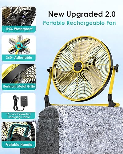 Miniatura 6 de ZHULI Ventilador de piso portátil de 14 pulgadas, ventilador de campamento inalámbrico recargable, motor sin escobillas de alta velocidad, hoja de
