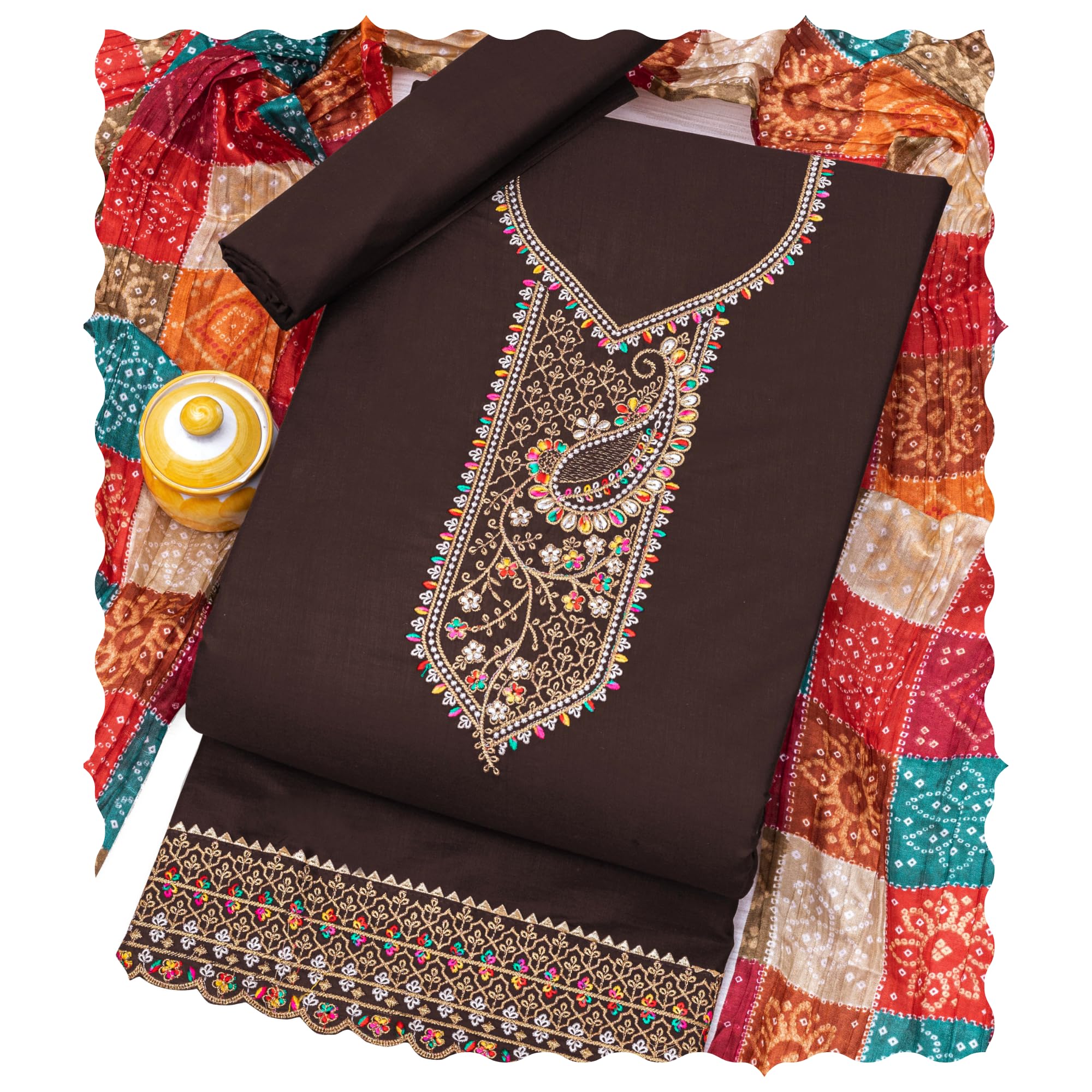 Women’s Heavy Cotton Embroidery Work Unstitched Salwar Suit Dress Material With Bandhani Pattern Dupatta – Free Size (Top + Bottom + Dupatta Set)-image-16