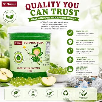 O'Divine Popping Boba 1.3kg Green Apple Flavour – Ready to Use Fruit Popping Pearls for Bubble Tea, Drinks, Desserts & Cocktails