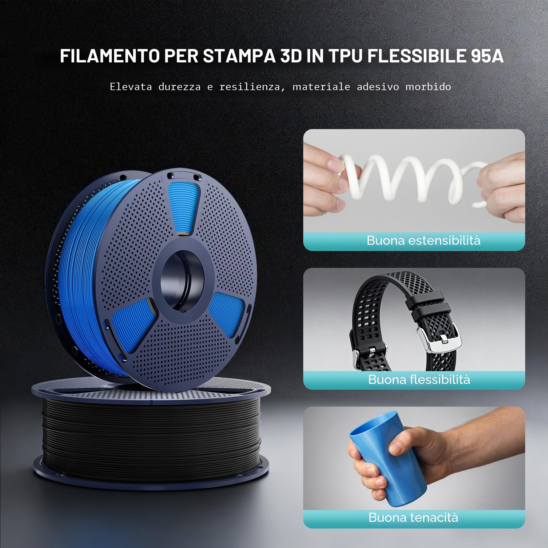 SUNLU 2KG TPU Stampa Filamento 3D 1.75mm,TPU 95A di Qualità Industriale,Resistente all'usura, Flessibile, Elevata Elasticità, Facile Da Stampare, Precisione ±0,03mm,1KG, 2 Bobine Nero