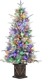 GAOMON 4.5ft Christmas Tree with 100 Multicolor Led Lights, Pre-Lit Snow Flocked Christmas Tree with X Shape Potted Base, Holiday Xmas Tree with Red Berries, Festival Decoration for Home, Entrances