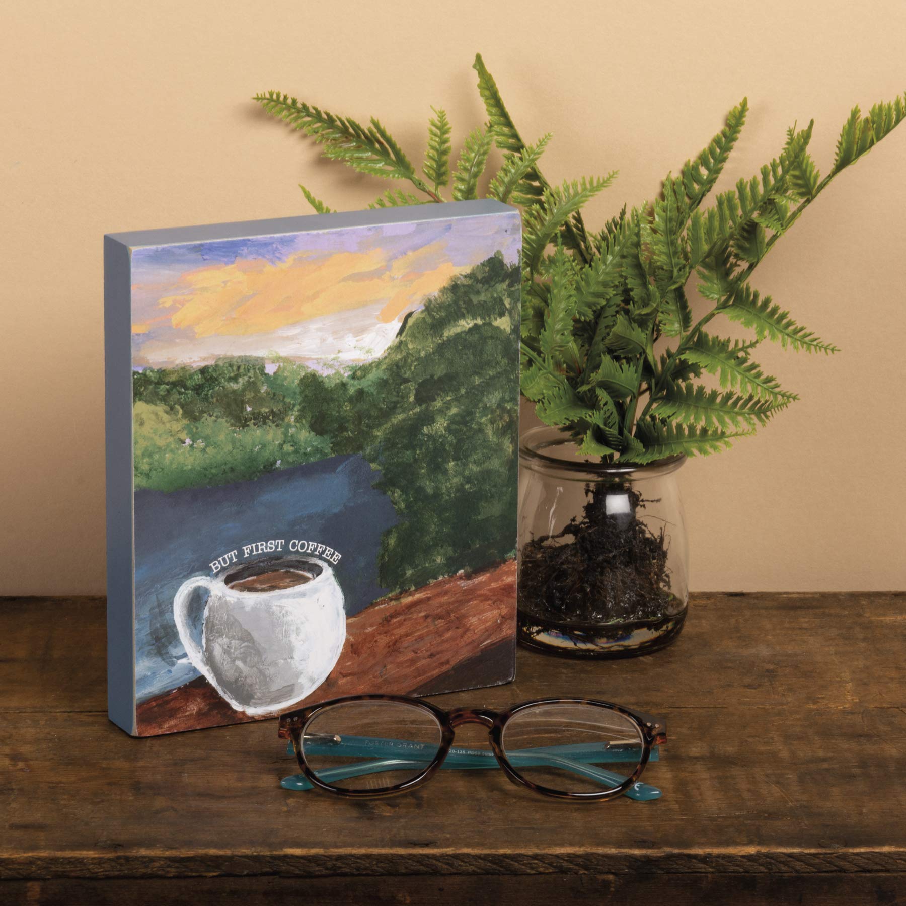 Primitives by Kathy Cartel de bloque de galería de corazón de la amistad, 15,24 x 17,78 cm, But First Coffee