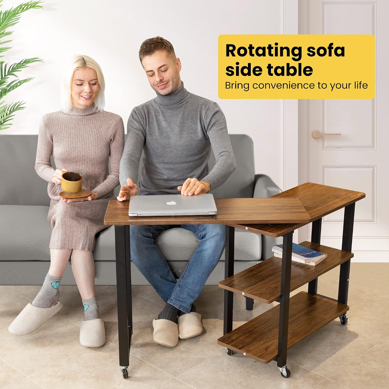 VIVOHOME Sofa Side Table 360° Rotating Mobile End Table Movable Laptop Table with 2 Tiers Storage Shelves 6 Universal Casters for Home Office