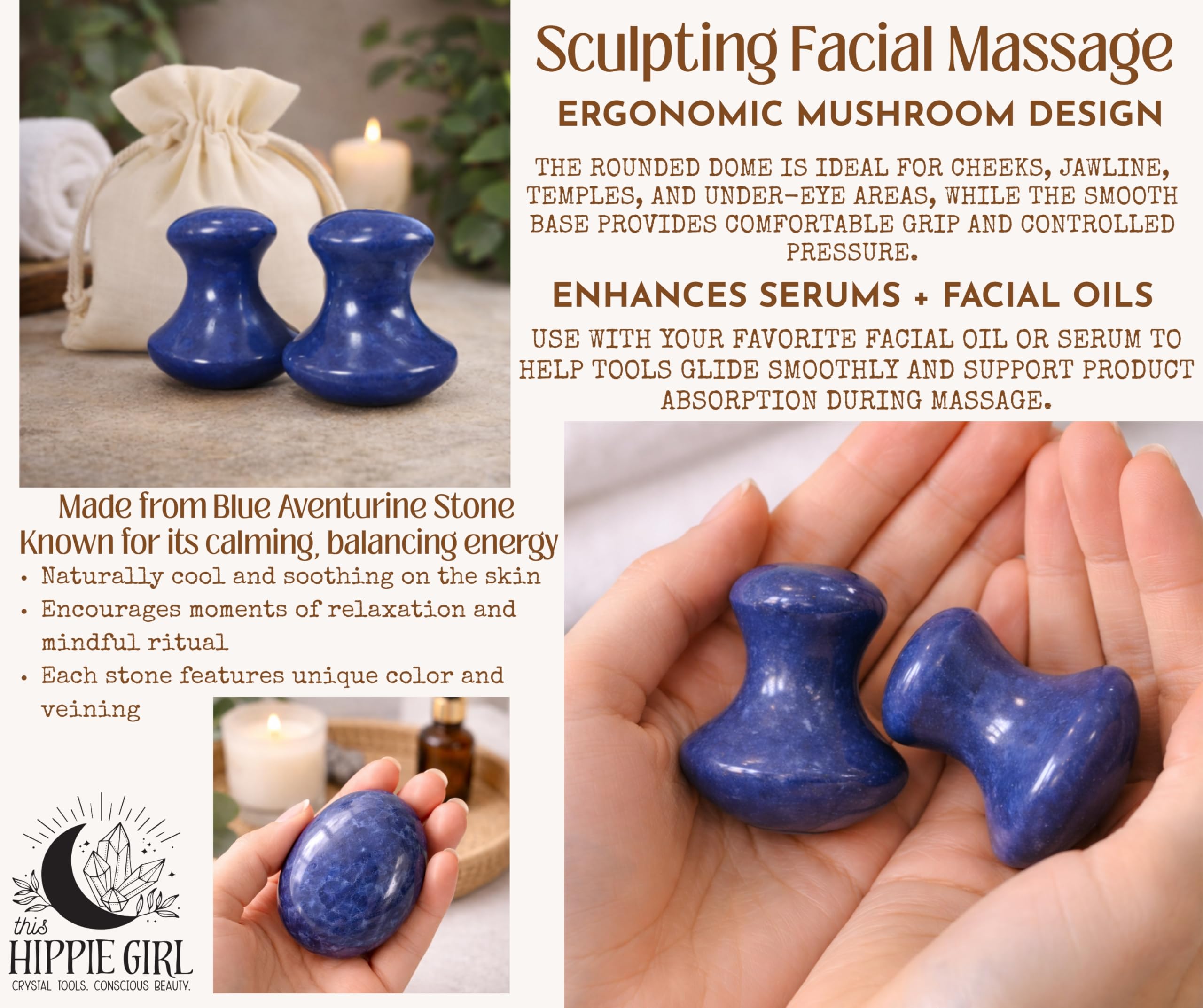 Este juego de 2 herramientas de masaje de cristal natural de aventurina azul Gua Sha para niña hippie (juego de 2) | Piedras hechas a mano para el cuidado de la piel para cara y cuerpo | Alivio de