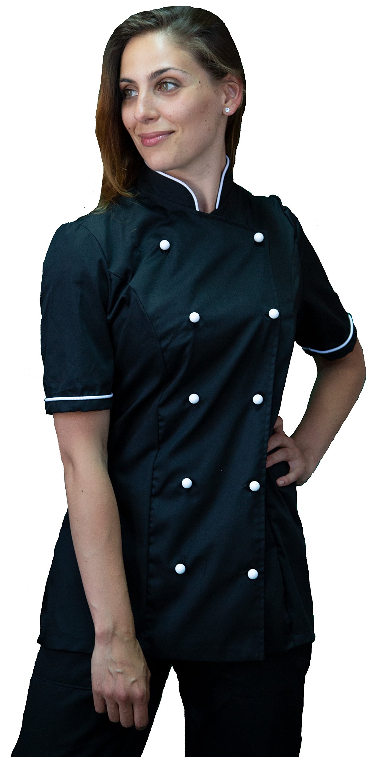 Ricamo Gratuito - Giacca Cuoco da Cucina - Casacca Chef Donna Manica Corta - Nera e Bianca - Made in Italy