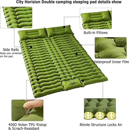 Miniatura 6 de Almohadilla de dormir doble para acampar autoinflable de 4 pulgadas extra gruesa almohadilla de camping para 2 personas con almohada bomba de pie