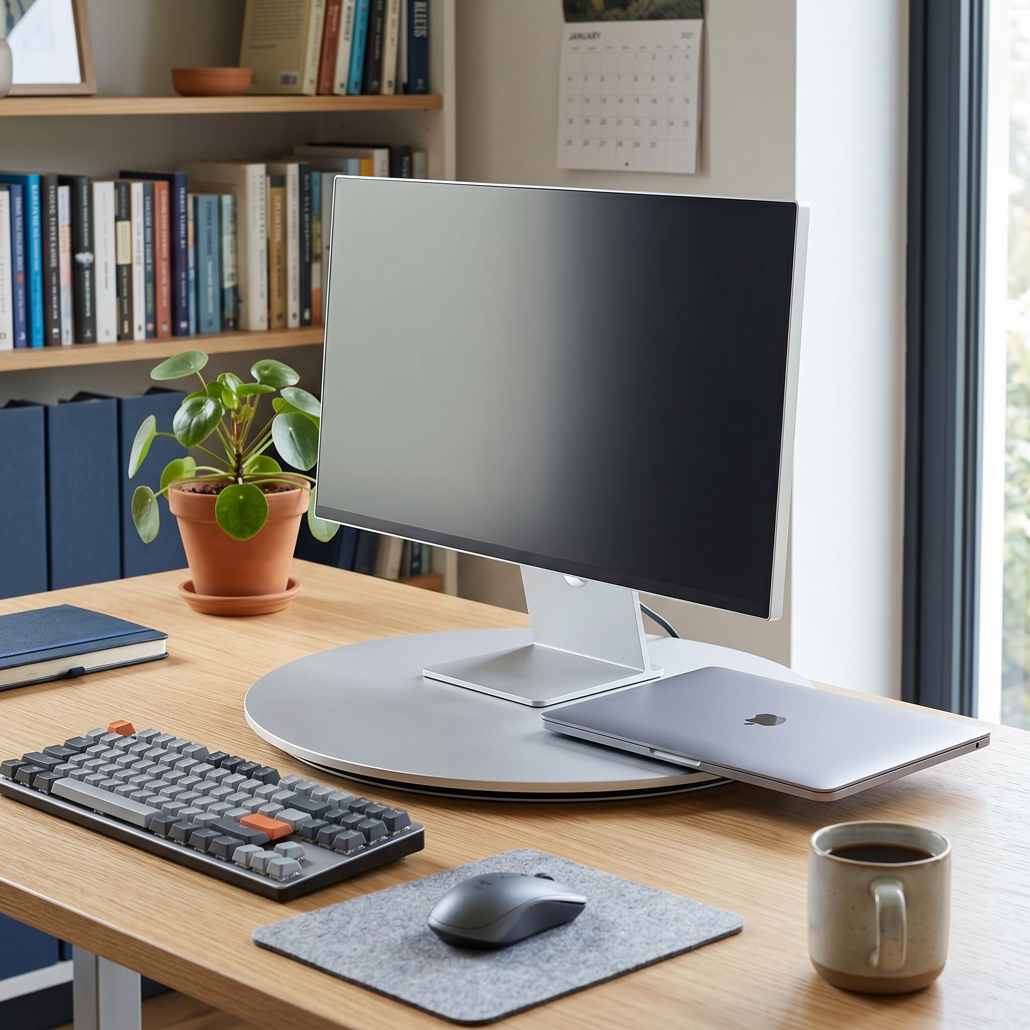 Base girevole per monitor per computer 360 °, 8.5in Supporto per giradischi per monitor in lega di alluminio argento silicone antiscivolo per computer, laptop, piante in vaso, arte e artigianato