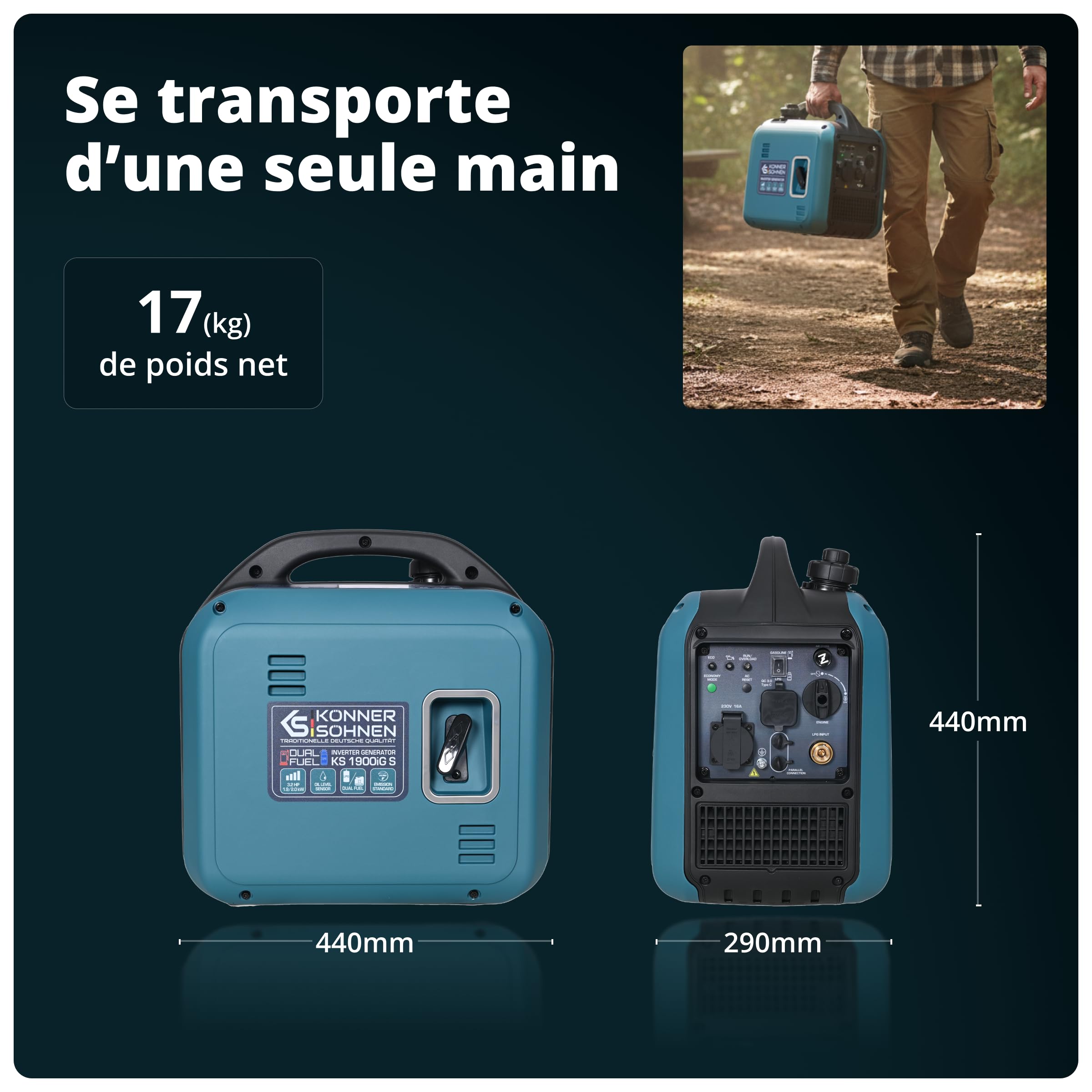 Könner & Söhnen KS 1900iG S Générateur à inverseur GPL 2,0 kW, double carburant, générateur à inverseur en mode éco, groupe électrogène de secours pour une utilisation en extérieur, 230 V/16 A, Euro 5