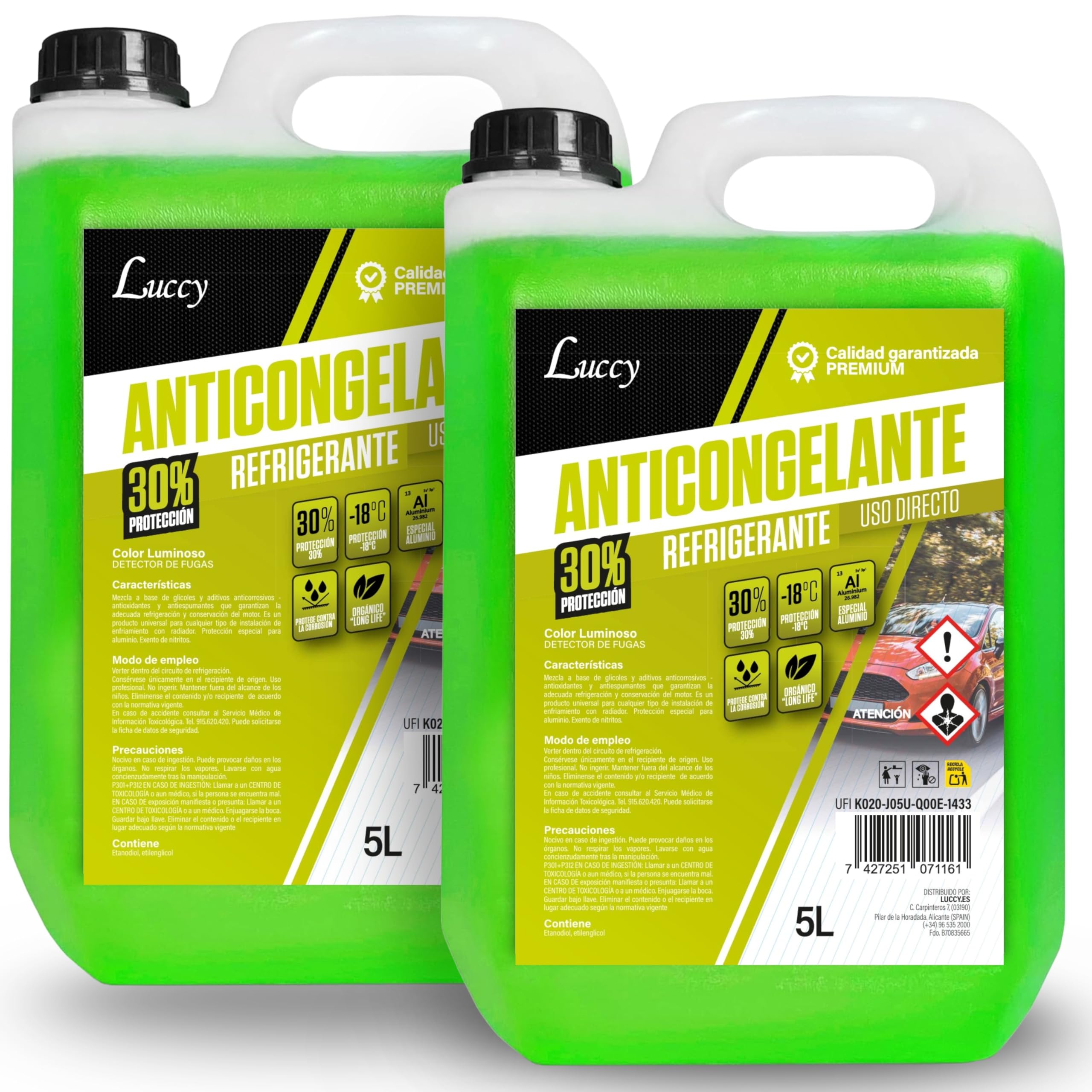 Liquide de Refroidissement Universel Voiture 30% | Protection -18ºC, 10 Litres Vert