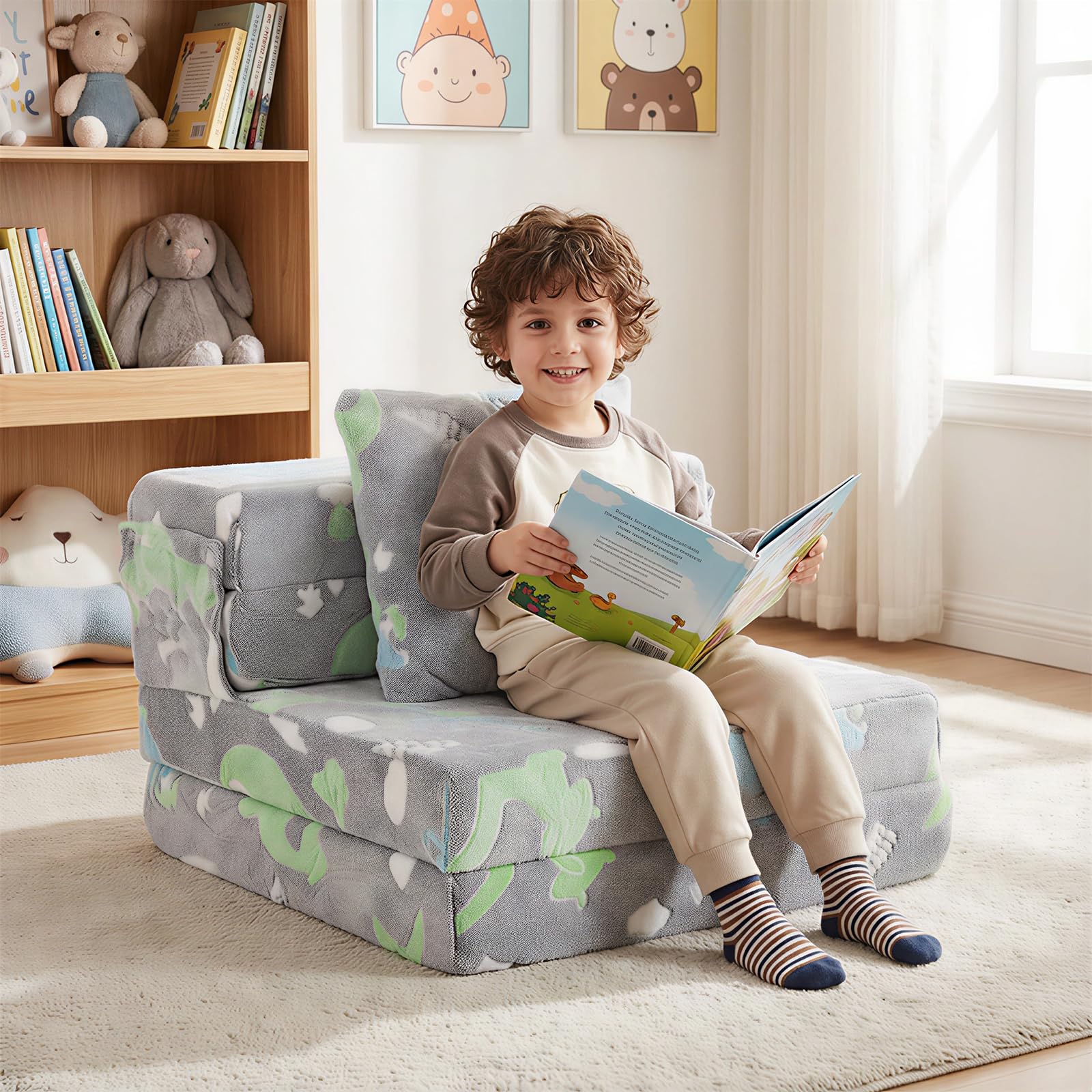 COSTWAY Canapé-lit Enfant Brillant dans Le Noir avec Motif Dinosaure & Oreiller, Matelas de Sol Pliable en Flanelle avec Housse Lavable en Machine, Canapé Modulaire pour Chambre Salle de Jeux (Gris)