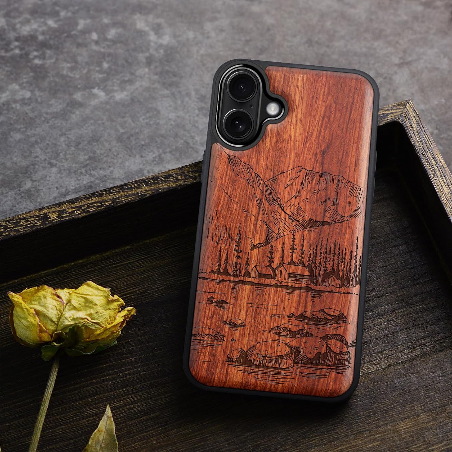 Carveit Magnetic Wooden Case for iPhone 16 Plus Case, Wood Artisan Engraved & Black Soft TPU Shockproof Cover, Compatible with MagSafe Wireless Chargers (Lakes and Mountains) Rosy