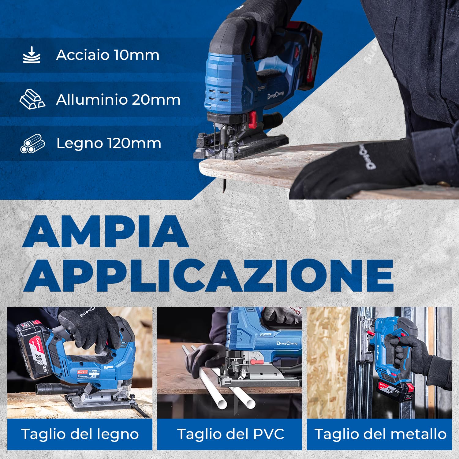 Dong Cheng Seghetto Alternativo 18V Senza Spazzole | Pendolo 800-3500 SPM | Taglio 0-45° | 6 Velocità | Con Doppio LED, Soffiatore, Batteria 4Ah, Caricabatteria, 6 Lame & Valigetta