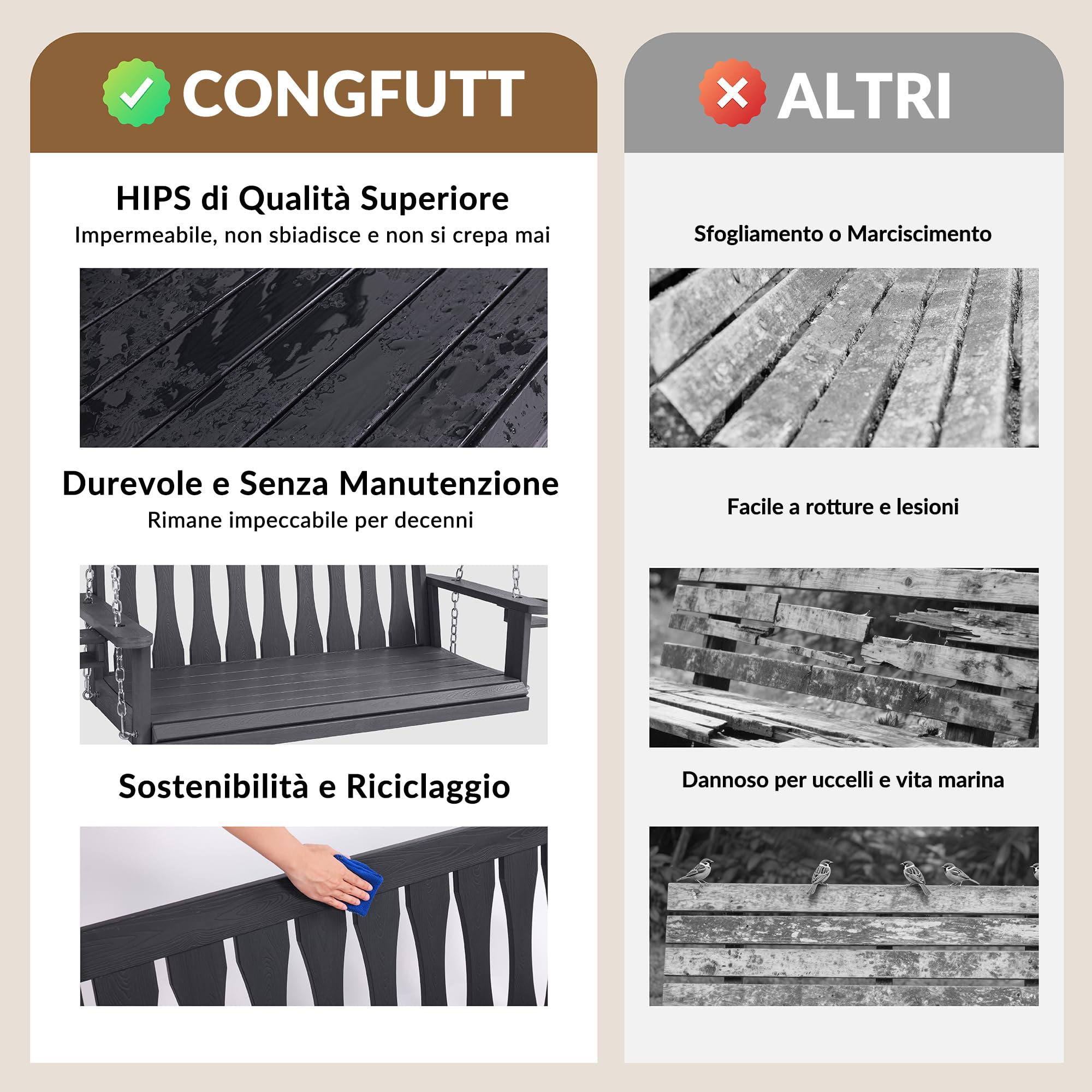 Altalena da Giardino in Legno 2 Posti, Dondolo da Giardino da Esterno per Adulti con Catene e Portabicchieri, Portata 270 kg, Panchina Sospesa per Terrazza e Balcone