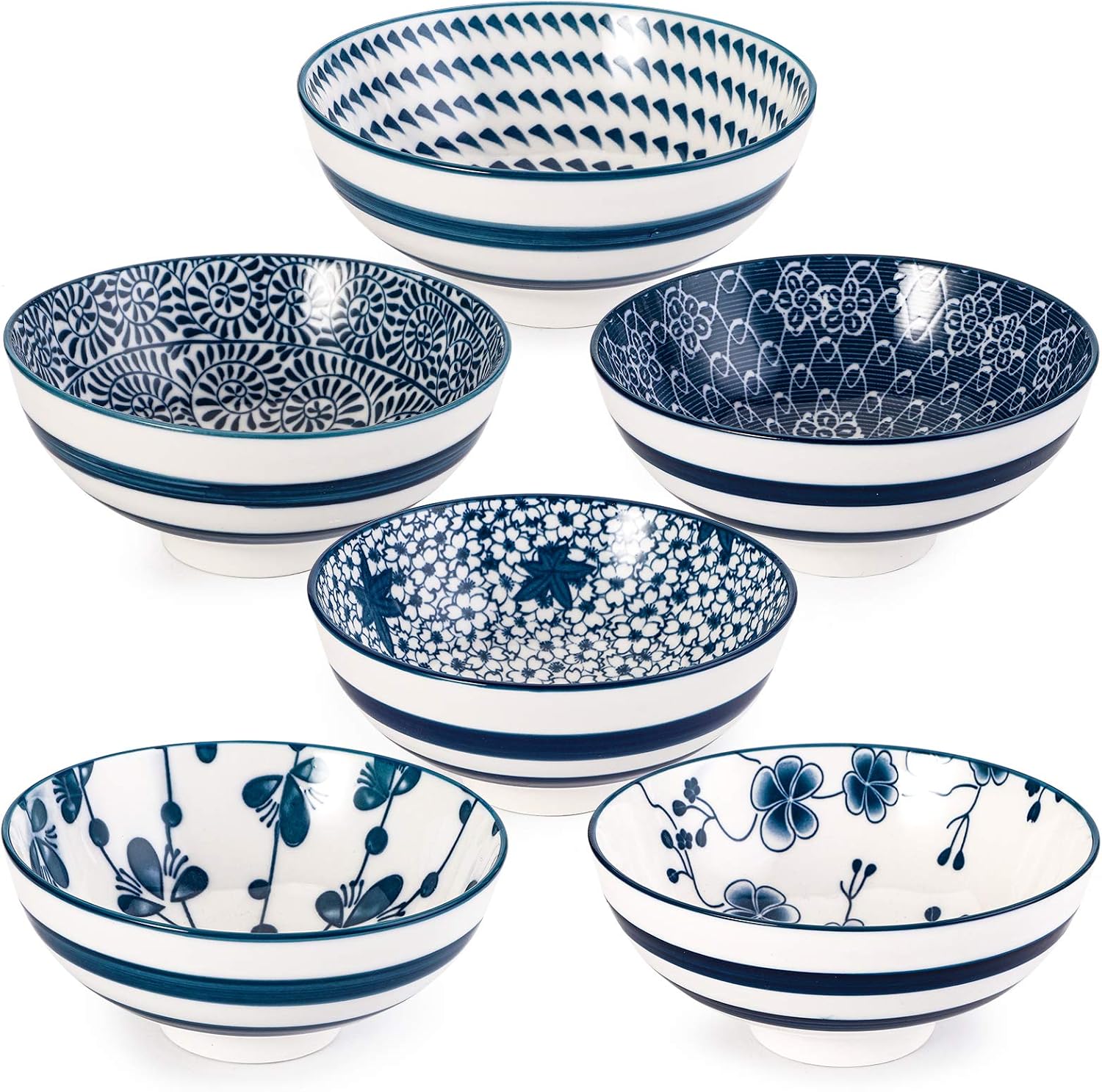 Foraineam 6 Pieces Blue and White Floral Rice Bowl Set 8 oz Japanese Style Cereal Bowls, Assorted Designs