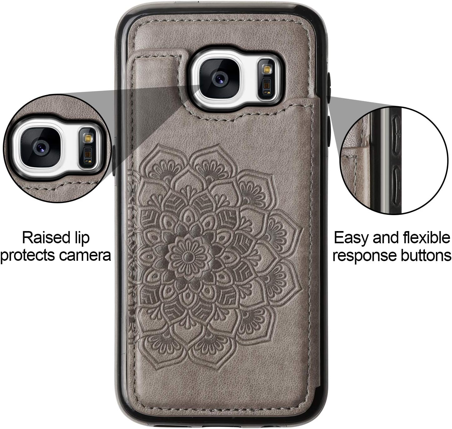 HianDier Wallet Case for Galaxy S7, Slim Protective Case with Credit Card Slot Holder Flip Folio Soft PU Leather Magnetic Closure Cover Case Compatible with Samsung Galaxy S7, Mandala Gray