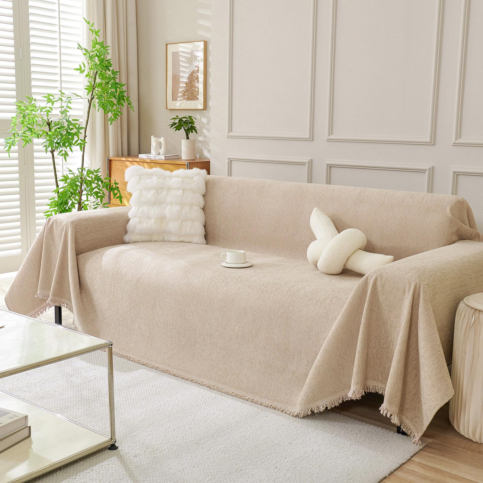 DREAMINGO Sofa Covers Washable Thick Chenille Couch Cover for 3 Cushion Couch Sofa Multi-Use Couch Cover Blanket Modern Pet Furniture Protector Sectional Couch Slipcover 91"x134", Khaki — image 1
