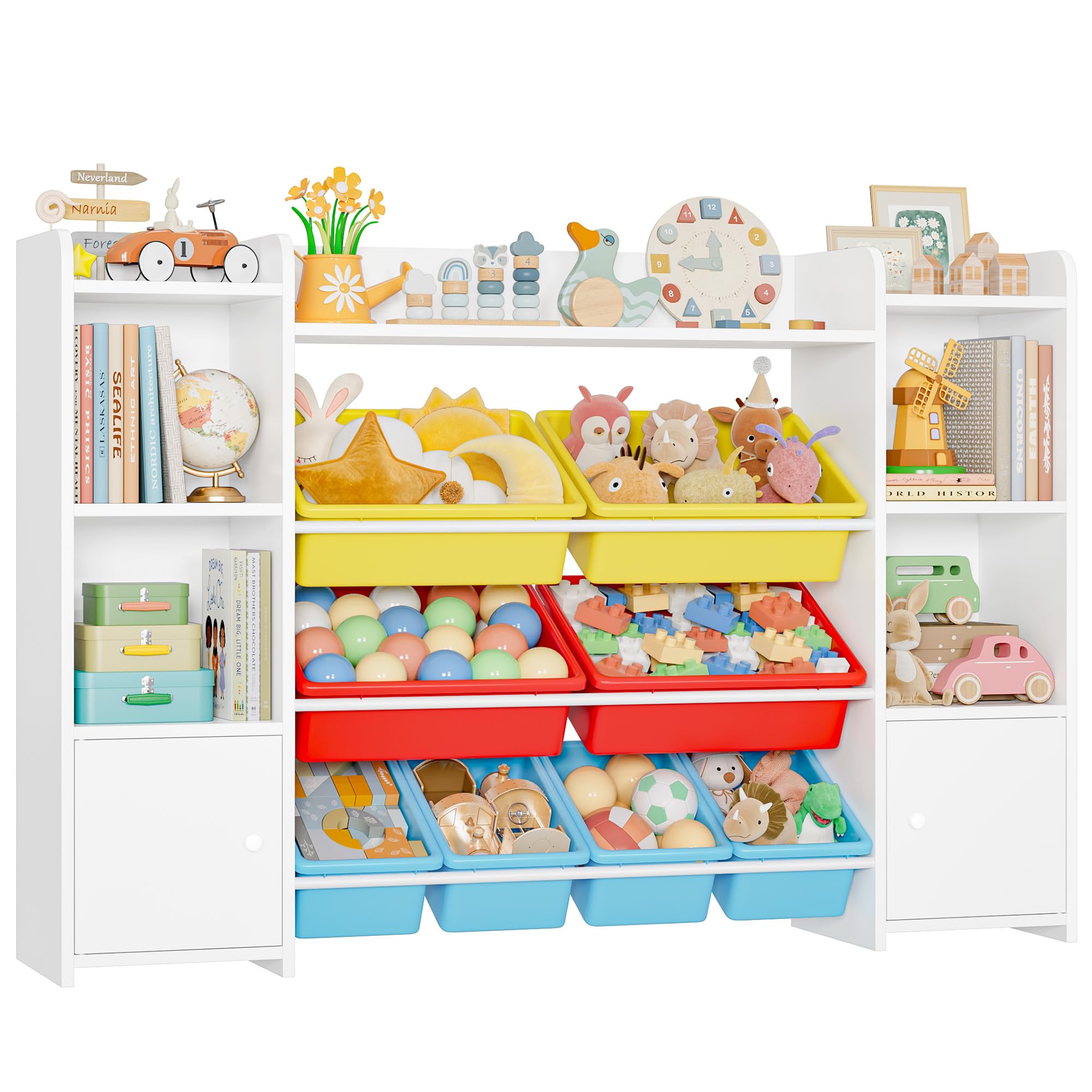 FOREHILL Kinderregal mit 8 bunten Boxen Kinderzimmer Möbel Holz Bücherregal für Kinder Kinderzimmer Aufbewahrungsbox Kinderschrank mit Spielzeugkiste 138,8 x 94,3 x29,6 cm weiß mit Rot