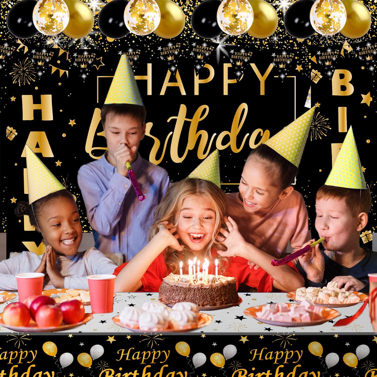 Black and Gold Birthday Decorations for Men Women, 37pcs Black and Gold Party Decorations with Backdrop, Tablecloth, Confetti Balloons, Banner, Balloon Arch Kit for Birthday Party - Image 4