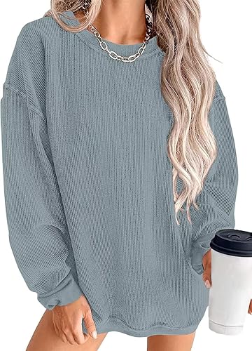 KISSMODA Women's Casual Long Sleeve Sweatshirt Color Block/Solid Crewneck Corduroy Pullover Cute Tops