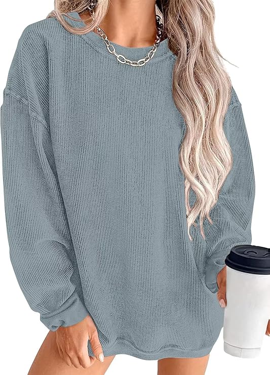 KISSMODA Women's Casual Long Sleeve Sweatshirt Color Block/Solid Crewneck Corduroy Pullover Cute Tops