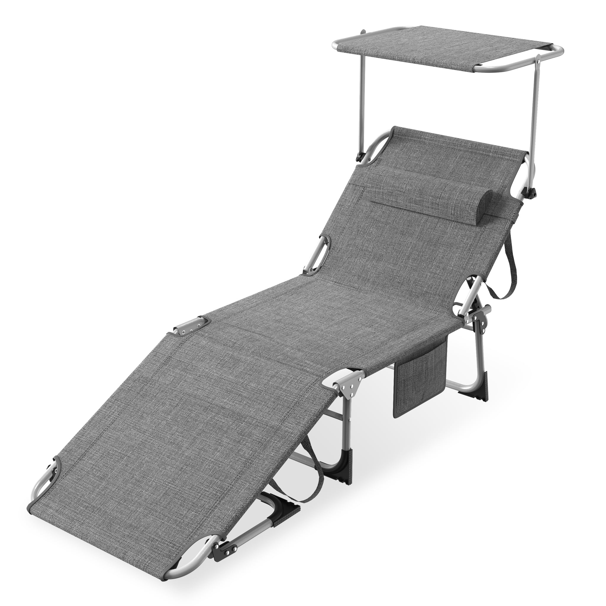 Aufun Sonnenliege Klappbar mit Dach und Seitentasche 195x68 cm, wetterfeste Gartenliege, stabile Strandliege, Sonnenschutz & verstellbare Rückenlehne, bis 150 kg, ideal für Terrasse Campin, Schwarz