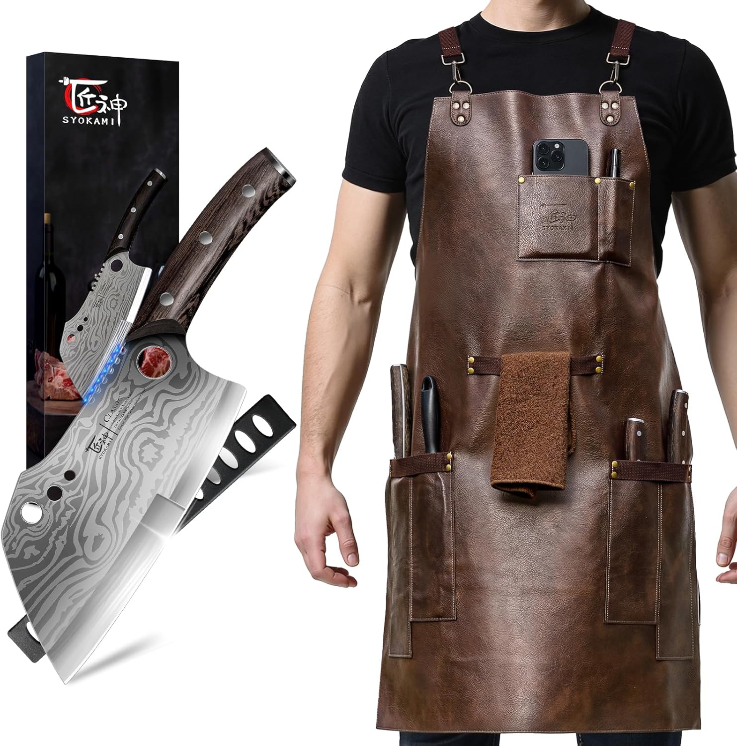 Meat Cleaver Chef Knife 7.7 Inch+Leather Chef Cooking Apron