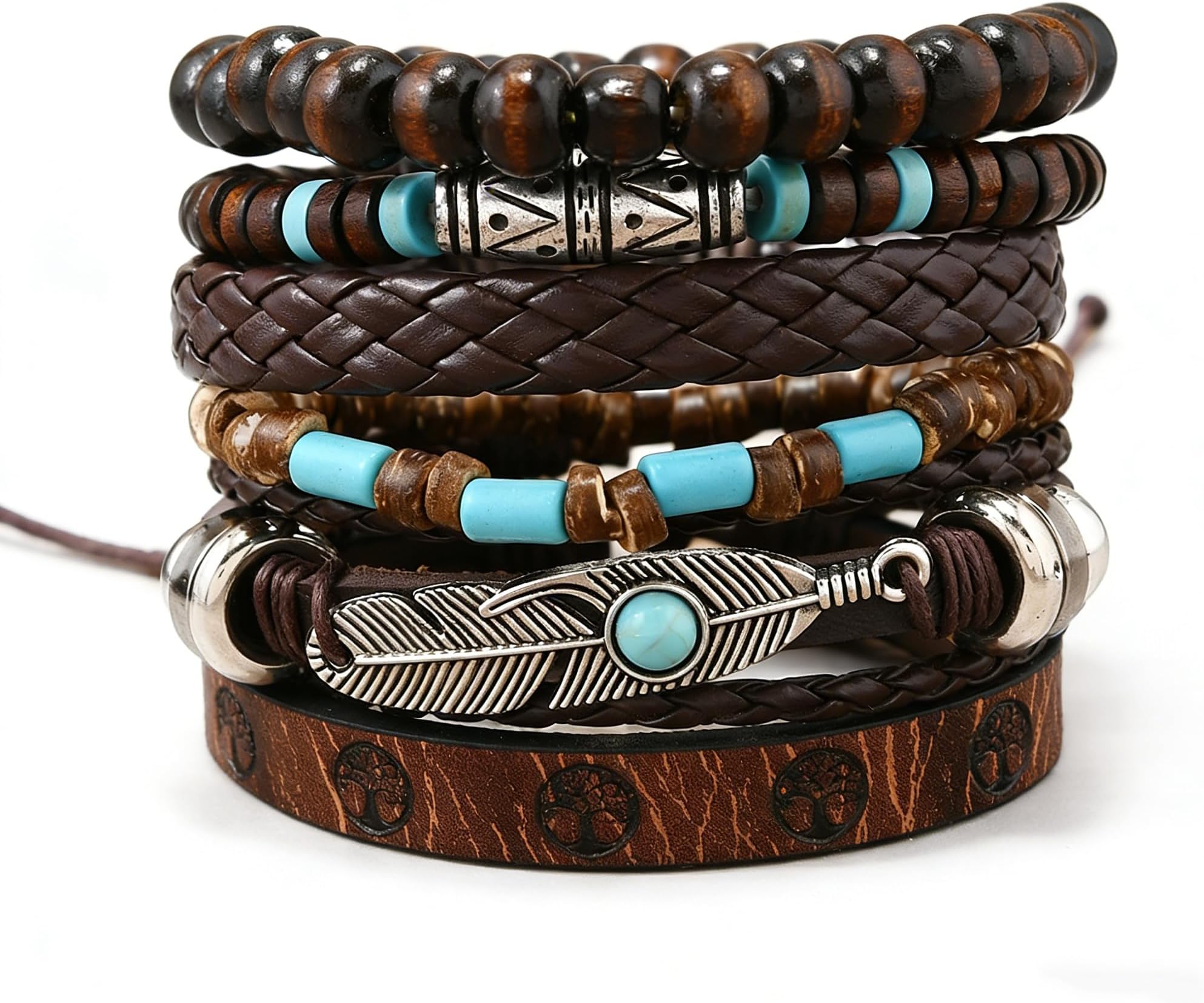6Pcs Turquoise Western Bracelets Beads Stretch Bracelet Multi-Layered Adjustable Braided Elastic Bracelet for Women Men