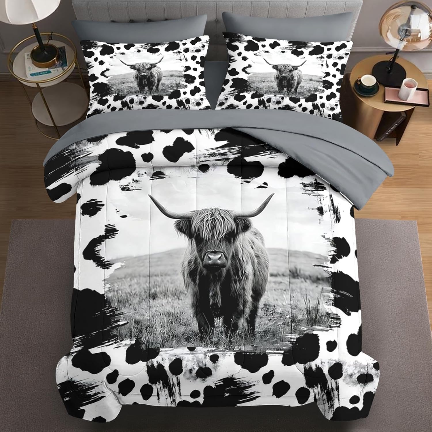 WeCozy Queen Size Comforter Set with 2 Pillowcases & 2 Shams, Highland Cow Western Farmhouse 7 Pcs Bedding Set for Kids and Adults, Vintage Cow Bed in a Bag with Flat Sheet and Fitted Sheet