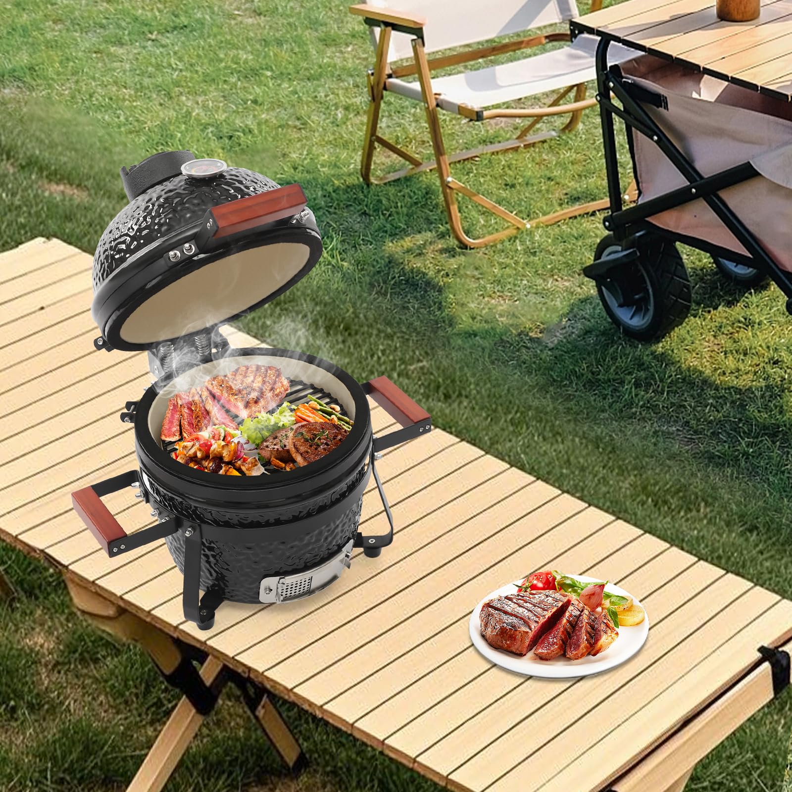 Ceramiczny grill Kamado grill węglowy, Ø 32 cm, przenośny, ceramiczny, mini grill kempingowy, BBQ Smoker z termometrem i stelażem, na kemping, do ogrodu
