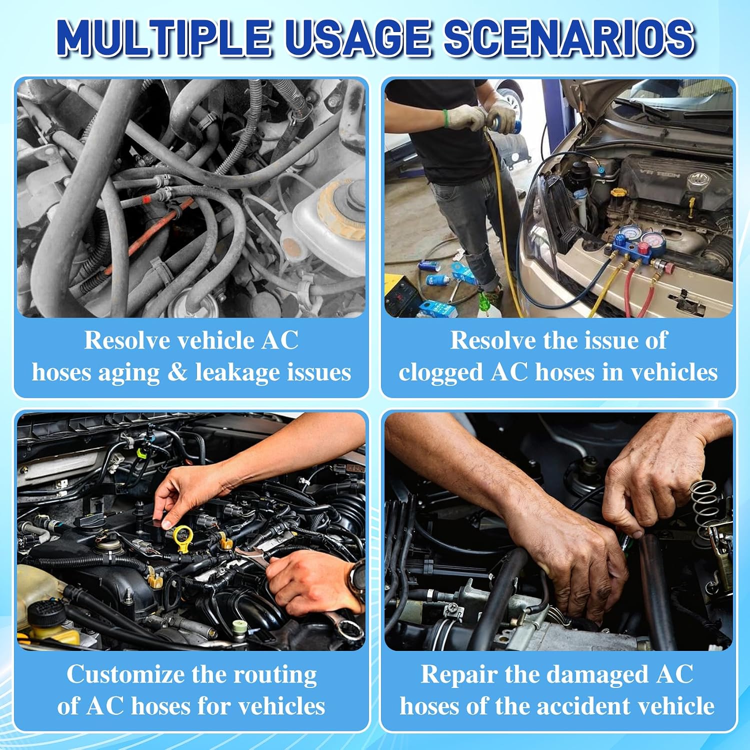 34PCS Air Conditioning Hose & Fitting Kit, 7-foot #6#8#10 pressure resistant five layer braided rubber hose, 28 standard precision fittings, compatible with common refrigerants such as R134a
