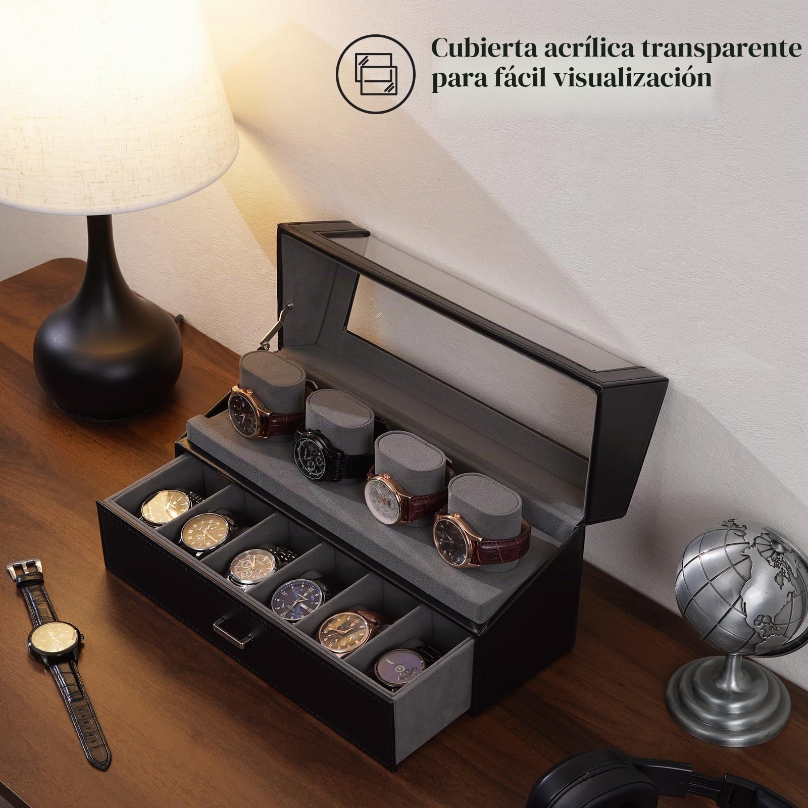 ProCase Caja para Relojes, Estuche Expositor 10 Ranuras con Tapa Acrílica, Organizador de 2 Niveles con Cajón, Soporte para Relojes de Hombre y Mujer - Negro