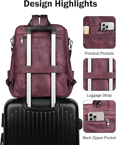 Miniatura 6 de FADEON Mochila para computadora portátil para mujer, mochila de viaje de cuero con compartimento para portátil, bolsa de hombro de PU de diseñador