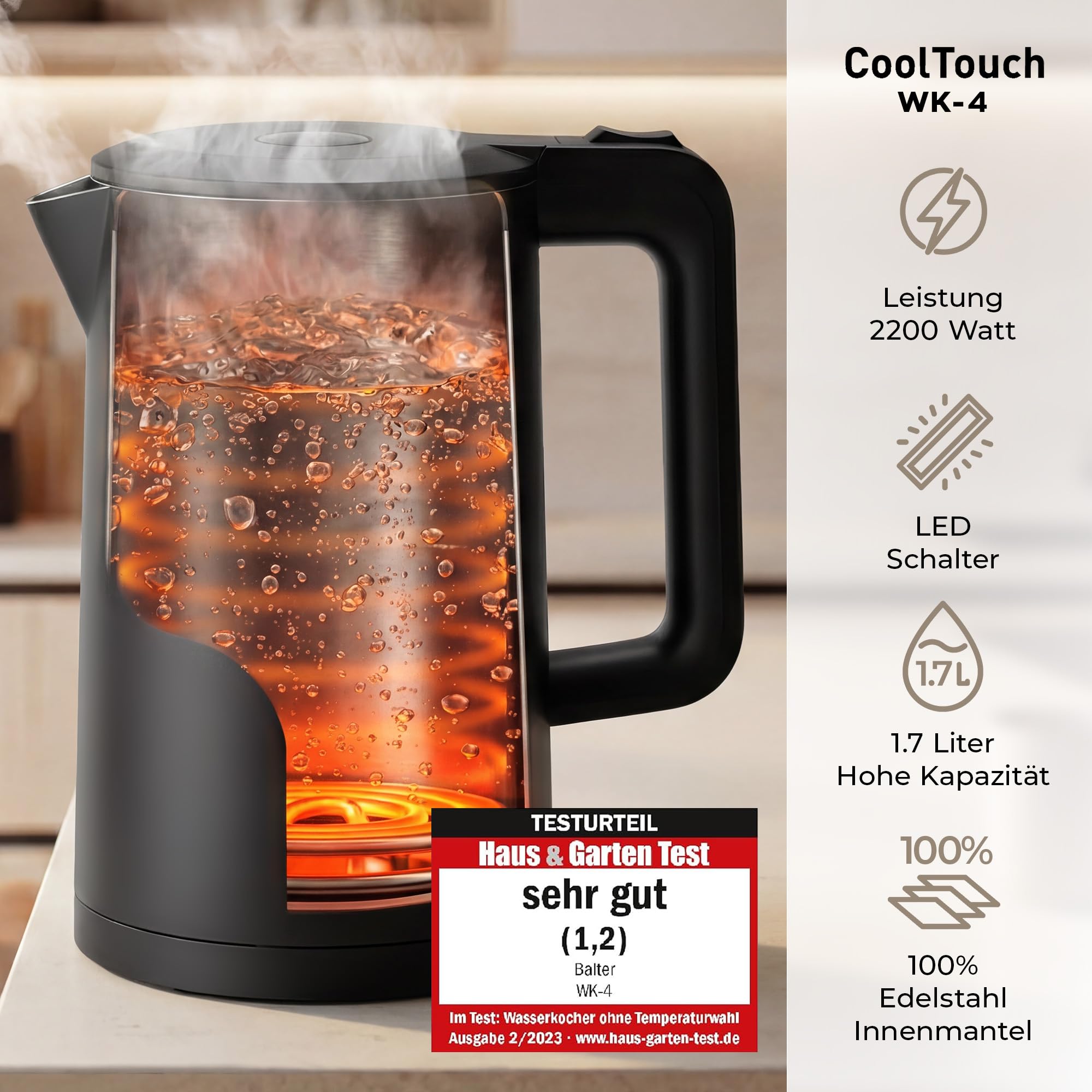 Balter Wasserkocher Edelstahl WK-4, 1,7 Liter, elektrischer Wasserkocher, Doppelwand Design, BPA frei, LED, Teekocher Kompakt, leise (Schwarz)