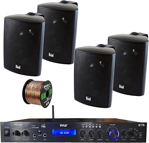 Pyle - Amplificador de cine en casa con Bluetooth MP3USBSDAUXFM, receptor negro, con 4 altavoces dobles de 100 vatios de 3 vías, para interiores y