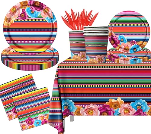Decoración de fiesta mexicana, 141 piezas de vajilla temática de fiesta mexicana para suministros de fiesta del Cinco de Mayo, patrón de rayas