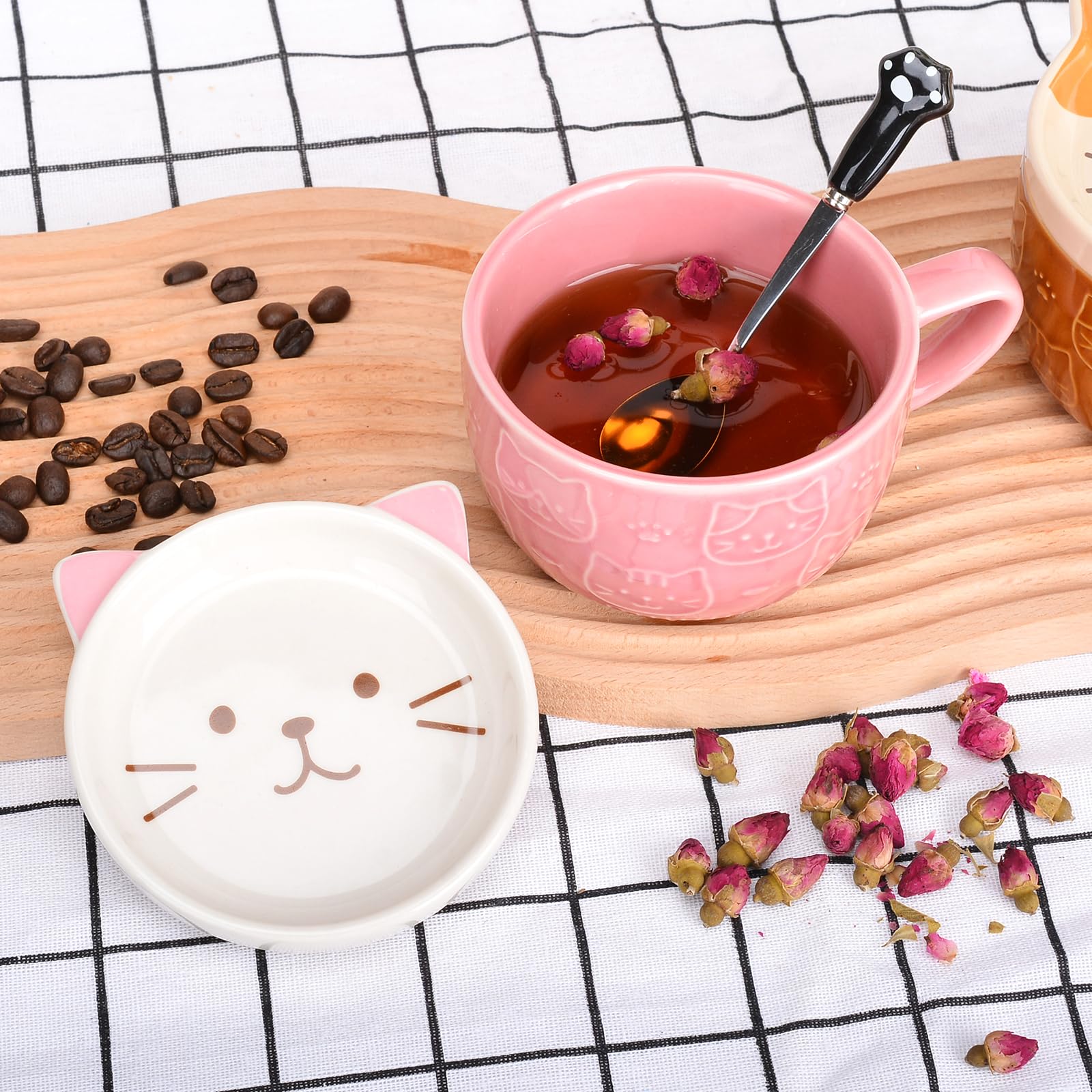 XinHuiGY Cute Cat Coffee Mug with Lid,Animal Tea Cup Saucer Set,Kawaii Ceramic Mugs with Biscuit Holder and Spoon,Gifts for Women Her Mothers Day Easter Christmas Girl Boy Teacher Friend (Pink Cat) - Image 4