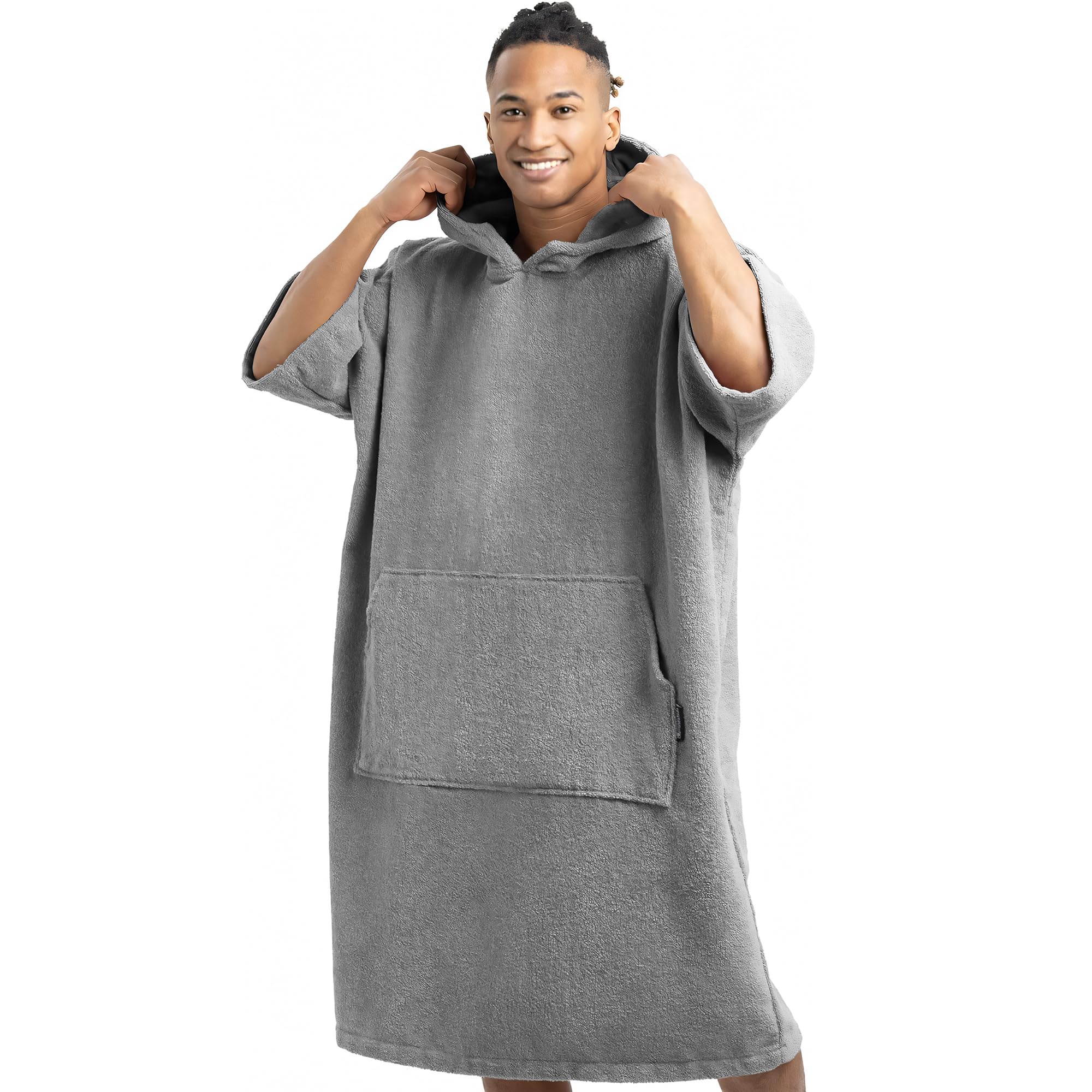 HOMELEVEL ponczo surfingowe dla kobiet i mężczyzn, 100% bawełny, ręcznik plażowy, ręcznik frotte kąpielowy z kapturem, kolor ciemnoszary, L/XL
