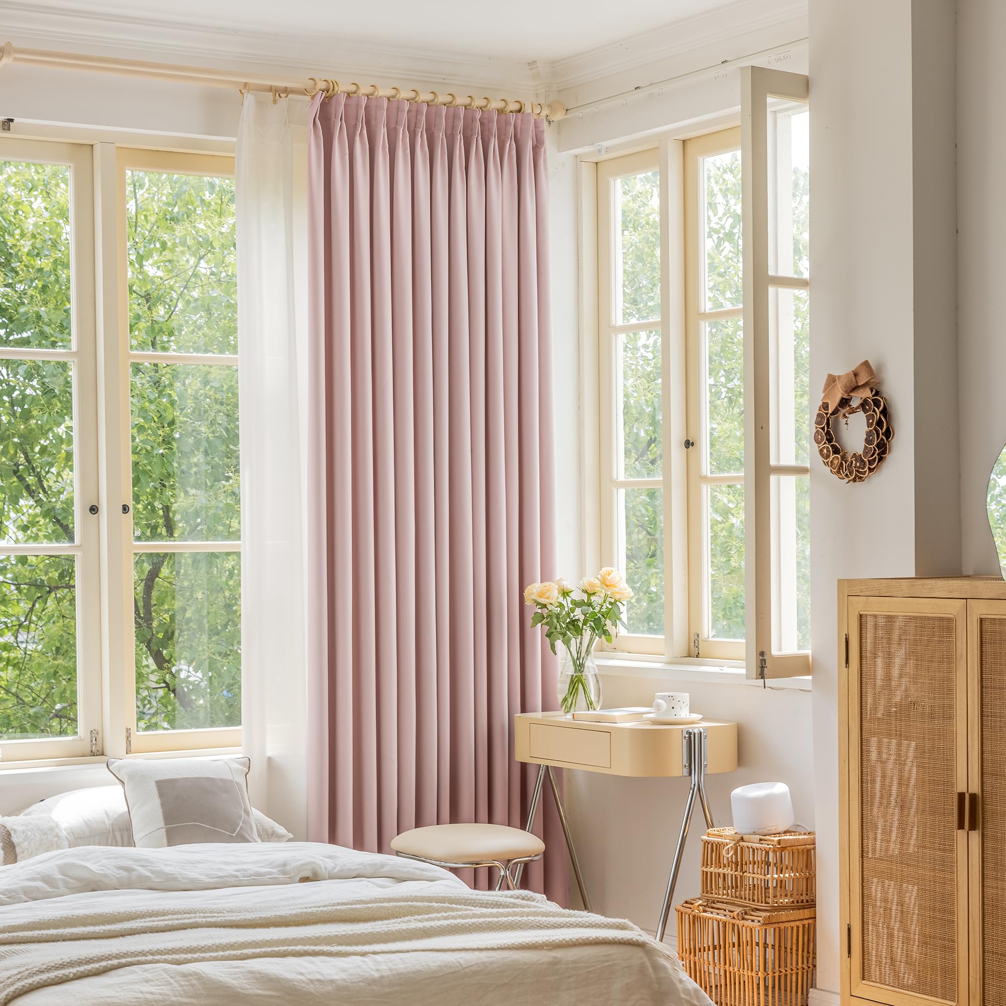 OYRING 90 Inch Pink Curtain Pinch Pleat Blackout, Room Darkening Thermal Insulated Blush Baby Pink Pleated Drapes with Hooks for Traverse Rod Girls